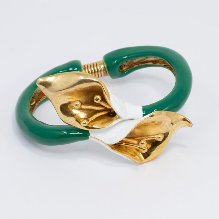 Oscar de la Renta Painted Calla Lily Clamper Bracelet, Green, White Enamel, Gold