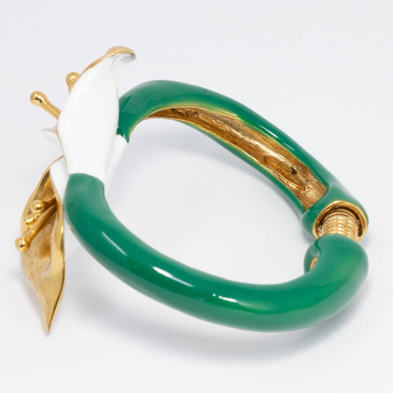 Oscar de la Renta Painted Calla Lily Clamper Bracelet, Green, White Enamel, Gold