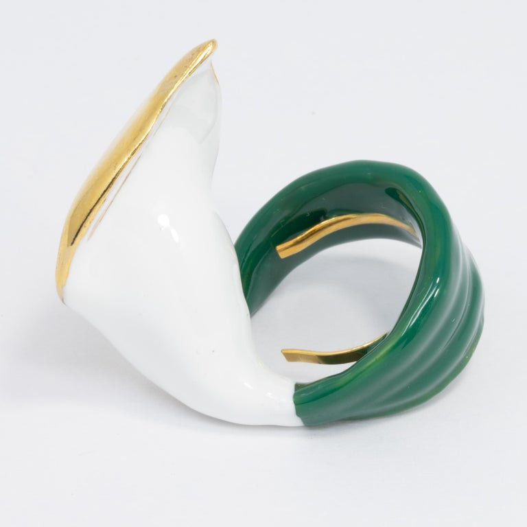 Oscar de la Renta Painted Calla Lily Cocktail Ring, Green and White Enamel, Gold