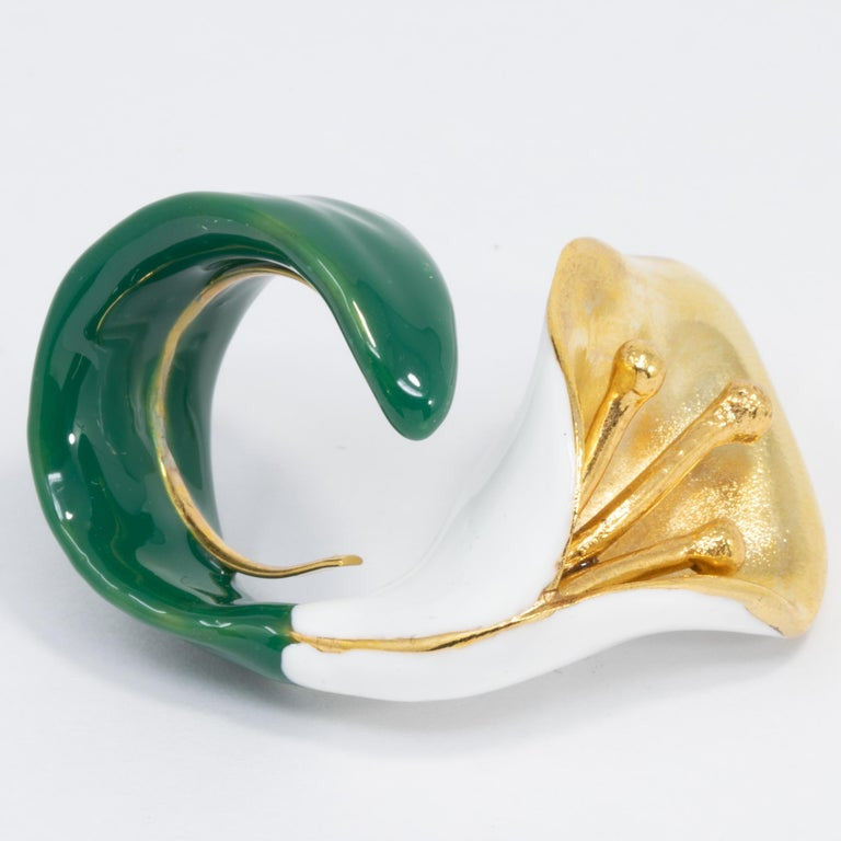 Oscar de la Renta Painted Calla Lily Cocktail Ring, Green and White Enamel, Gold
