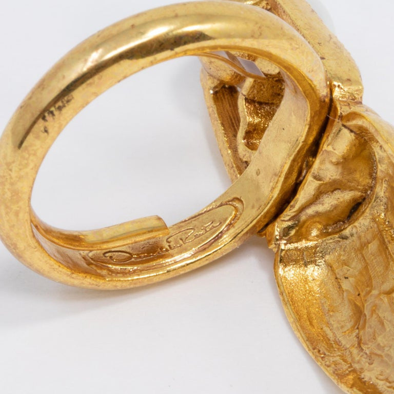 Oscar de la Renta Gold Scarab Faux Pearl Cocktail Ring, Contemporary Statement Style