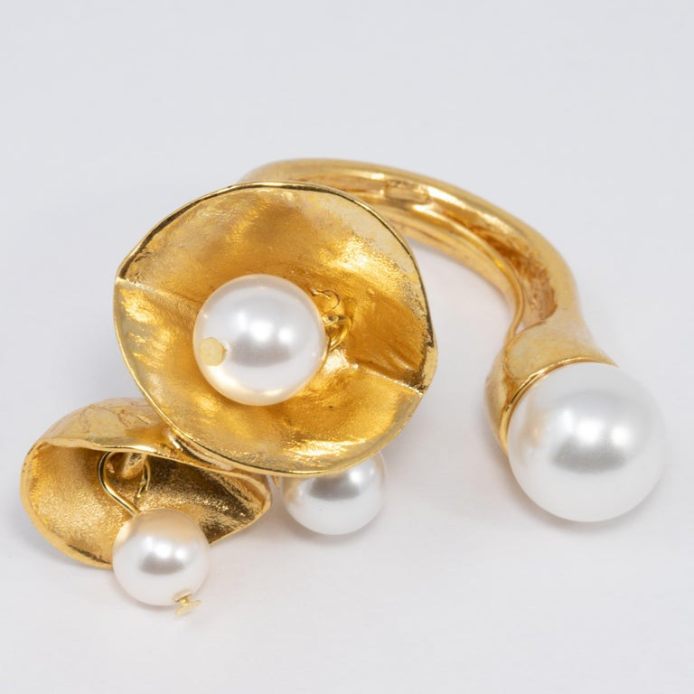 Oscar de la Renta Gold Dangling Pearl Cocktail Ring, Open Band Style, Contemporary