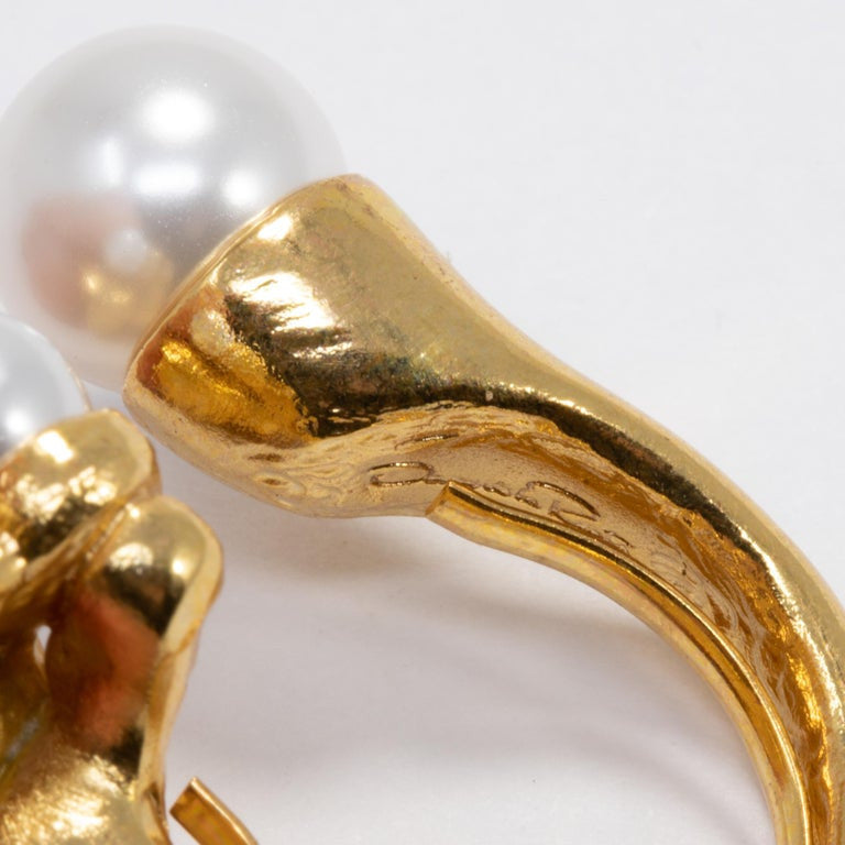Oscar de la Renta Gold Dangling Pearl Cocktail Ring, Open Band Style, Contemporary