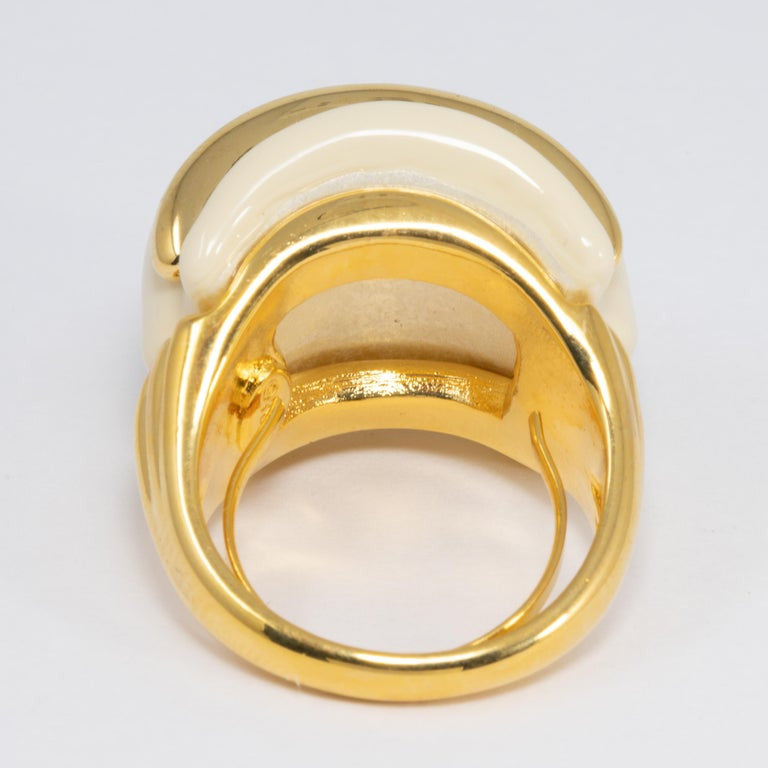 Kenneth Jay Lane Gold Double Ribbed Pearl Domed Cocktail Statement Ring