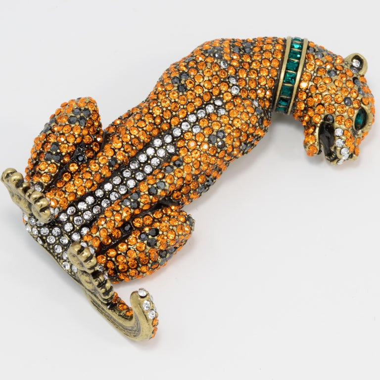 Heidi Daus Feline and Fierce Tiger Pin Brooch, Crystal Emerald, Topaz, Hematite