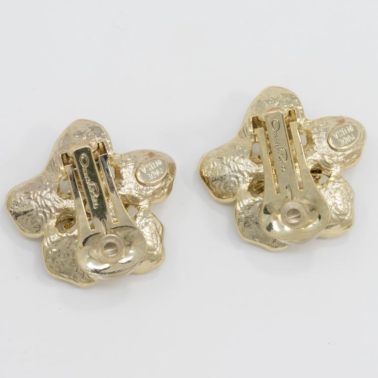 Oscar de la Renta Gold Bold Button Flower Clip On Earrings, Contemporary
