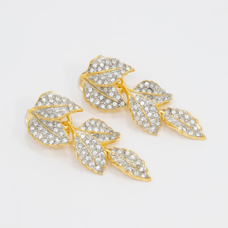 Kenneth Jay Lane Gold Pave Crystal Leaves Link Drop Clip On Earrings, KJL