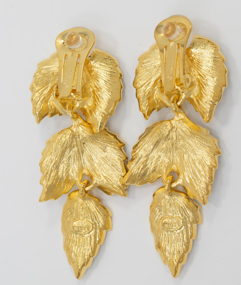 Kenneth Jay Lane Gold Pave Crystal Leaves Link Drop Clip On Earrings, KJL