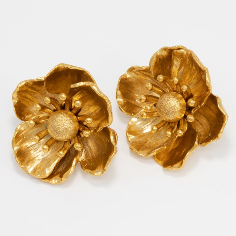 Oscar de la Renta Gold Poppy Flower Clip On Earrings, Contemporary