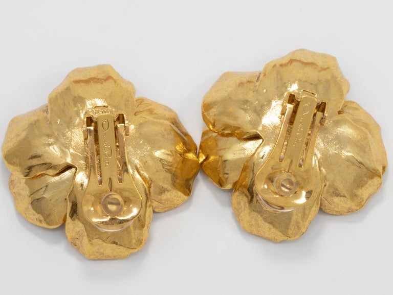 Oscar de la Renta Gold Poppy Flower Clip On Earrings, Contemporary