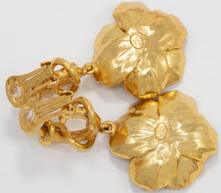 Oscar de la Renta Gold Poppy Flower Clip On Dangle Earrings, Contemporary