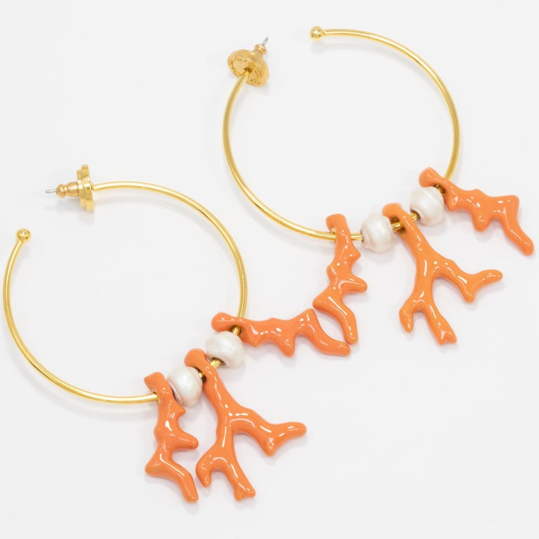 Oscar de la Renta Gold Coral and Pearl Dangle Hoop Earrings, Contemporary