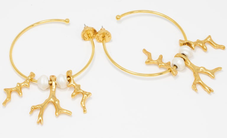 Oscar de la Renta Gold Coral and Pearl Dangle Hoop Earrings Contemporary