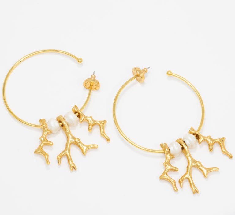 Oscar de la Renta Gold Coral and Pearl Dangle Hoop Earrings Contemporary