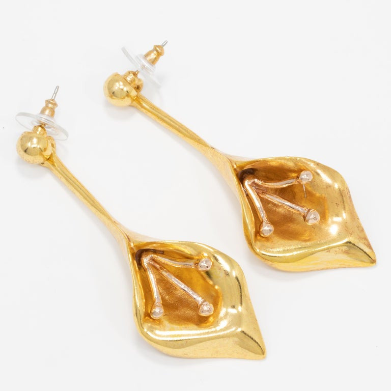 Oscar de la Renta Polished Gold Calla Lily Dangle Earrings, Modern, Post Backs