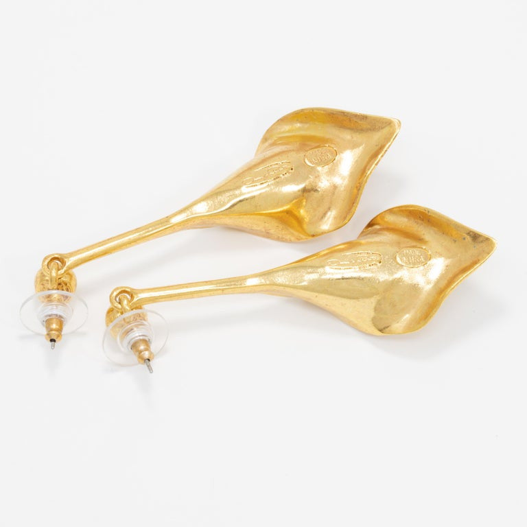 Oscar de la Renta Polished Gold Calla Lily Dangle Earrings, Modern, Post Backs