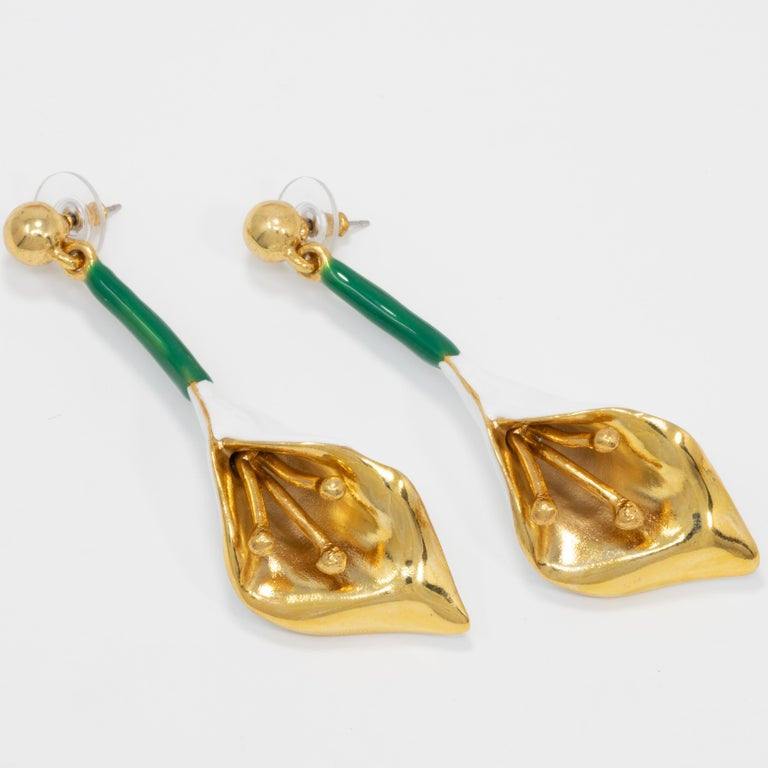Oscar de la Renta Gold Calla Lily Dangle Earrings, White and Green Enamel
