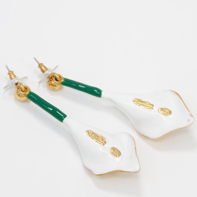 Oscar de la Renta Gold Calla Lily Dangle Earrings, White and Green Enamel