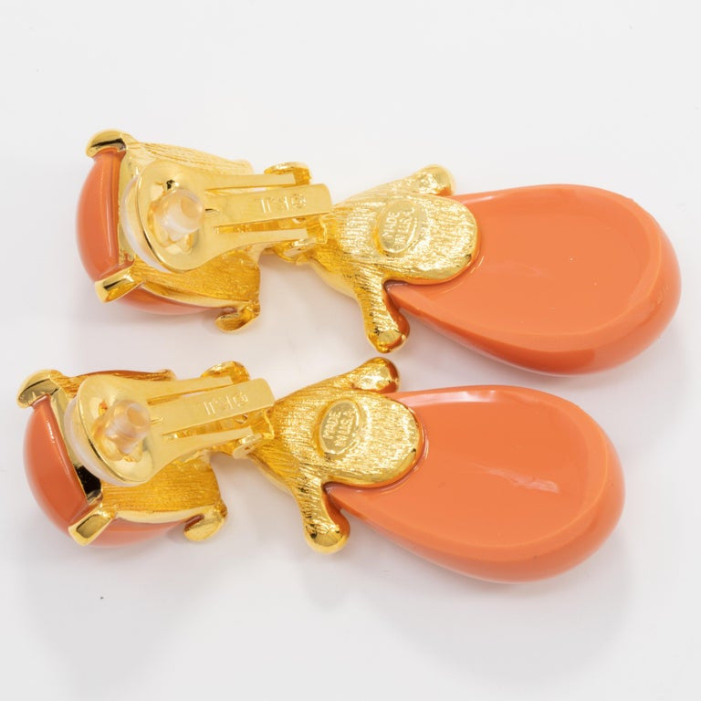 Kenneth Jay Lane Gold Coral Square Top Drop Clip On Earrings, KJL, Contemporary