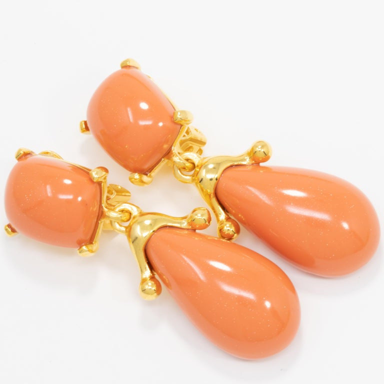 Kenneth Jay Lane Gold Coral Square Top Drop Clip On Earrings, KJL, Contemporary