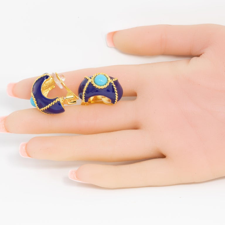 KJL Kenneth Jay Lane Gold Domed Clip On Earrings, Blue and Turquoise Enamel
