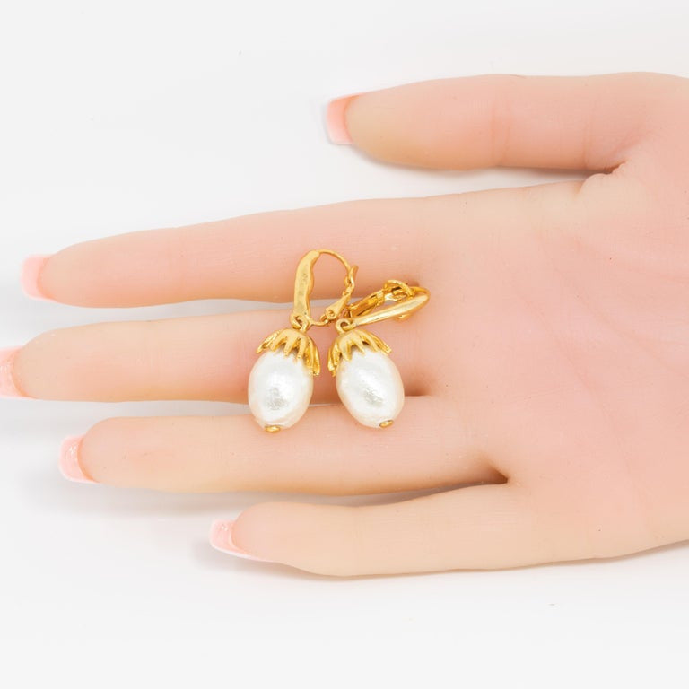 Oscar de la Renta Gold Dangle Faux Pearl Earrings, Hinged French Hook