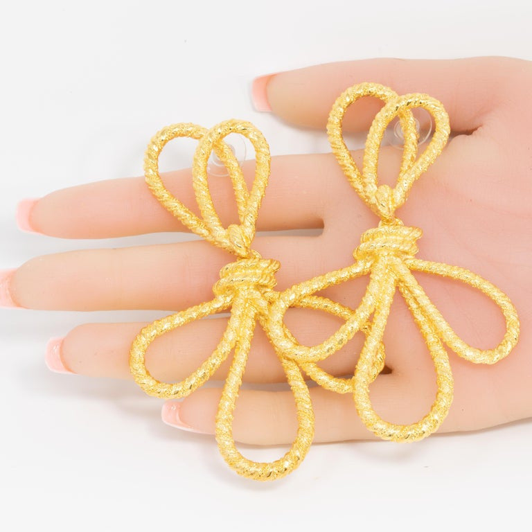 KJL Kenneth Jay Lane Gold Knotted Bow Drop Dangle Earrings, Contemporary