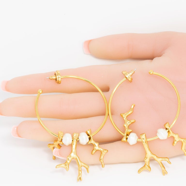 Oscar de la Renta Gold Coral and Pearl Dangle Hoop Earrings Contemporary