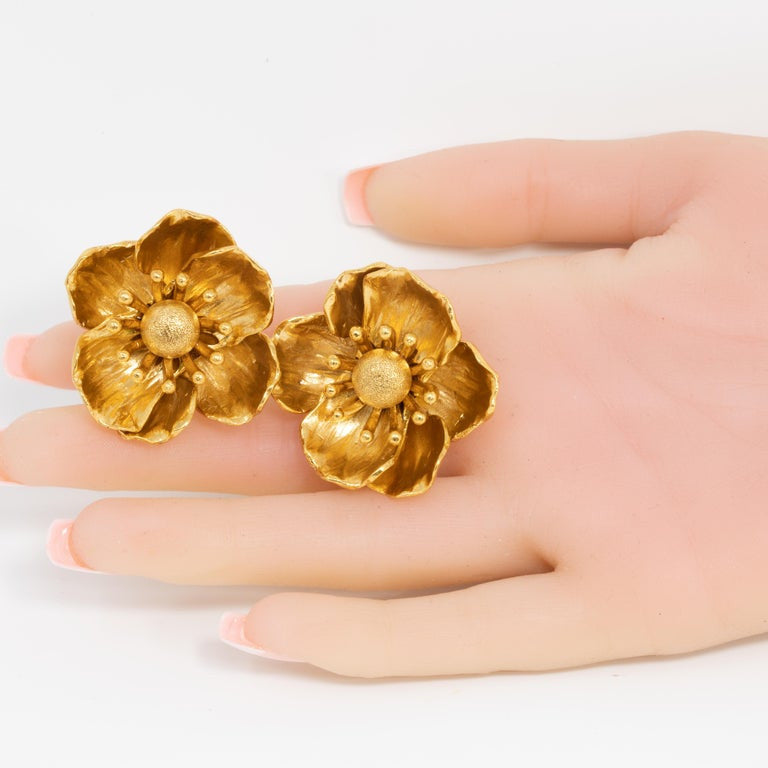 Oscar de la Renta Gold Poppy Flower Clip On Earrings, Contemporary