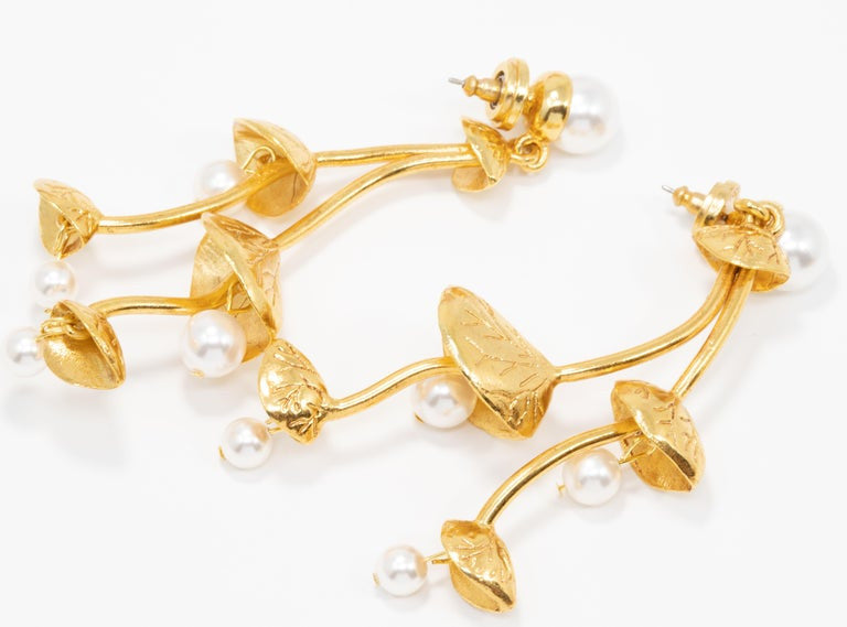 Oscar de la Renta Gold Pearl Vine Flower Dangle Earrings, Contemporary