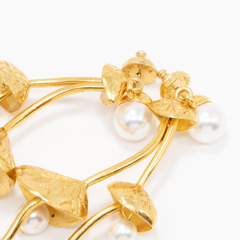 Oscar de la Renta Gold Pearl Vine Flower Dangle Earrings, Contemporary