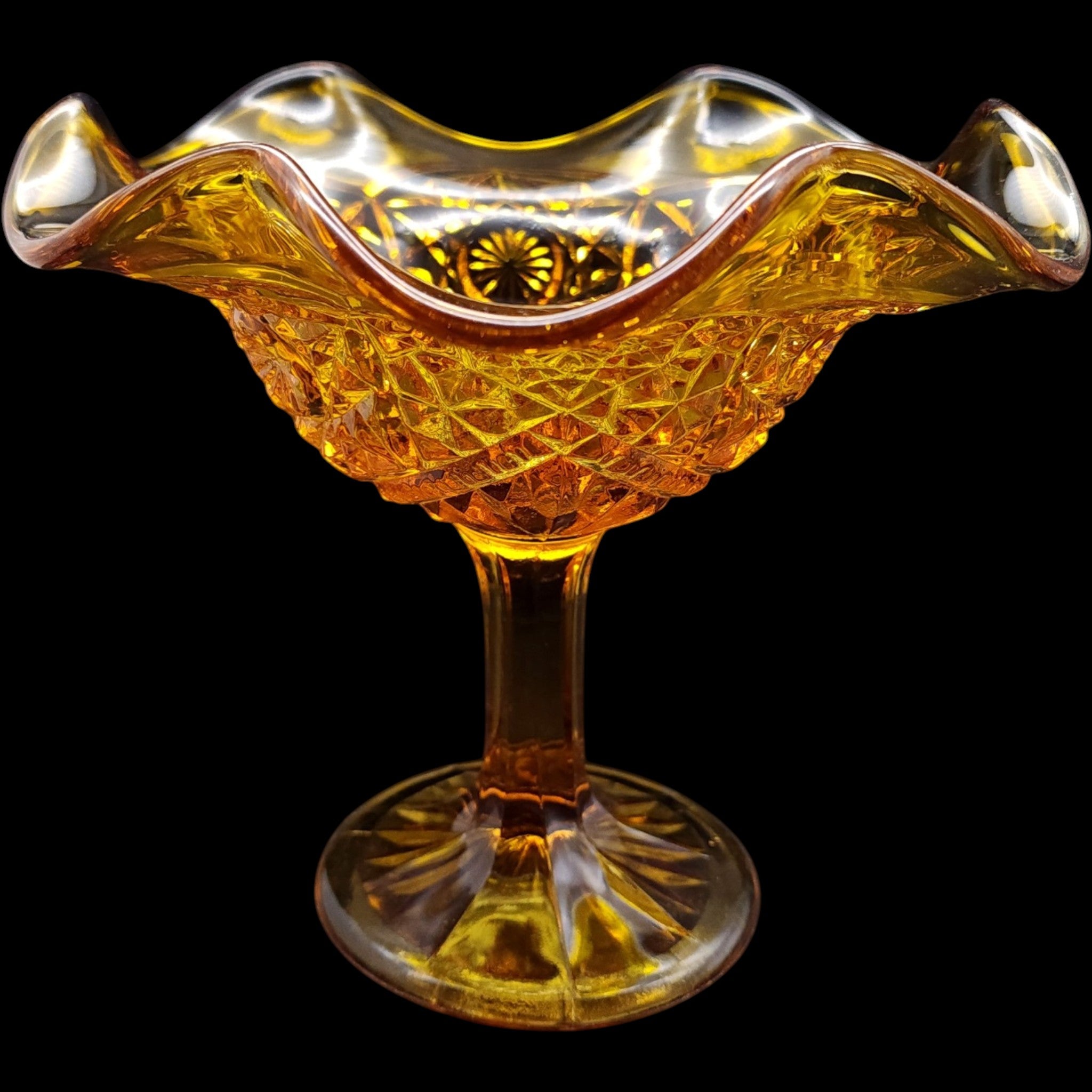 Imperial Glass Amber Pressed Glass Ruffled Pedestal Compote Dish