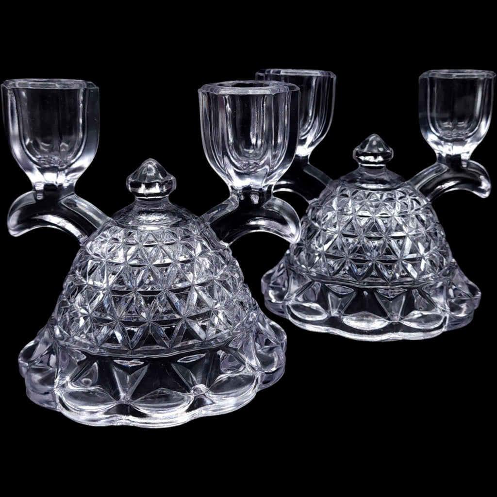 Imperial Glass Clear Double Light Candlestick Holders Laced Edge Pair