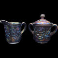 Imperial Glass Ohio Iridescent Carnival Glass Creamer and Sugar Set Open Rose