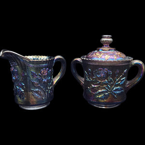Imperial Glass Ohio Iridescent Carnival Glass Creamer and Sugar Set Open Rose