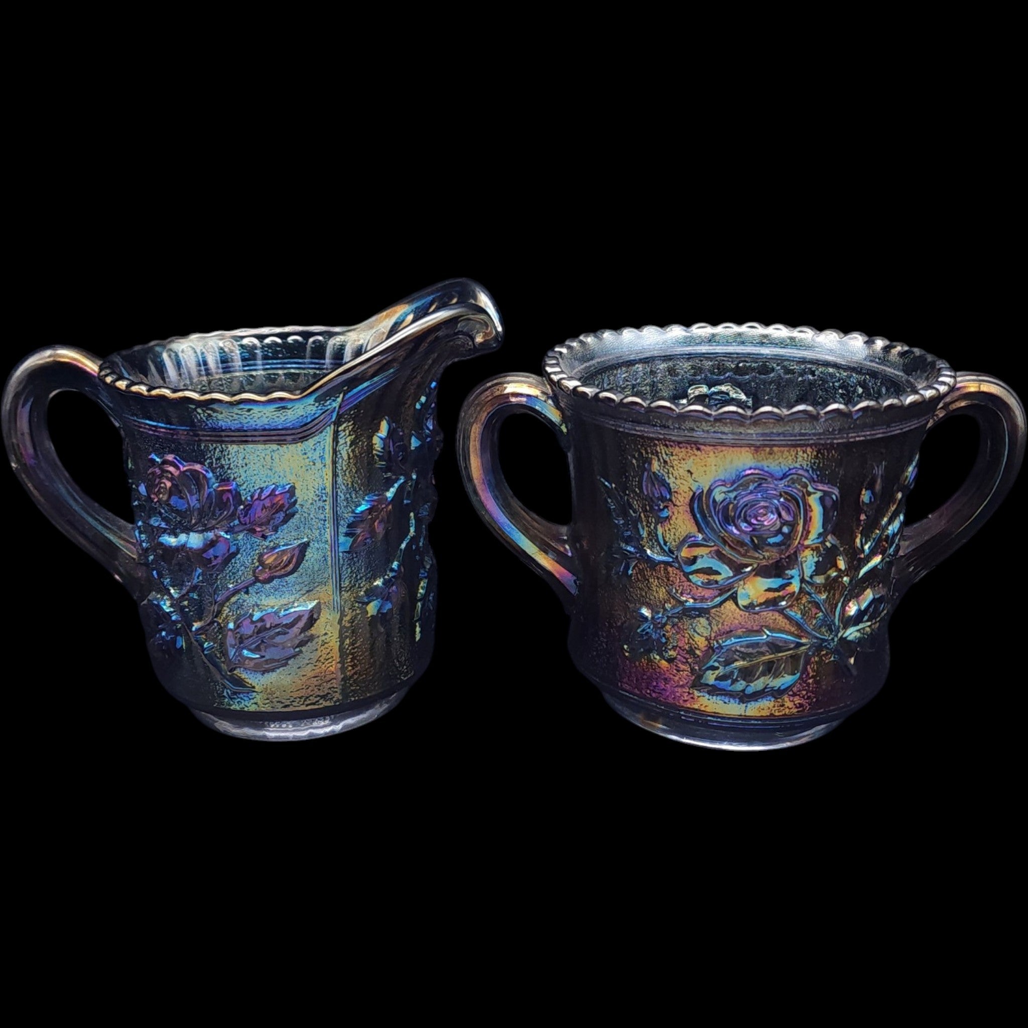 Imperial Glass Ohio Iridescent Carnival Glass Creamer and Sugar Set Open Rose