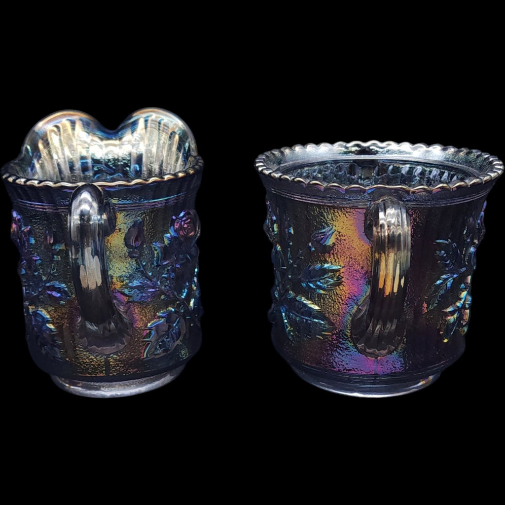 Imperial Glass Ohio Iridescent Carnival Glass Creamer and Sugar Set Open Rose