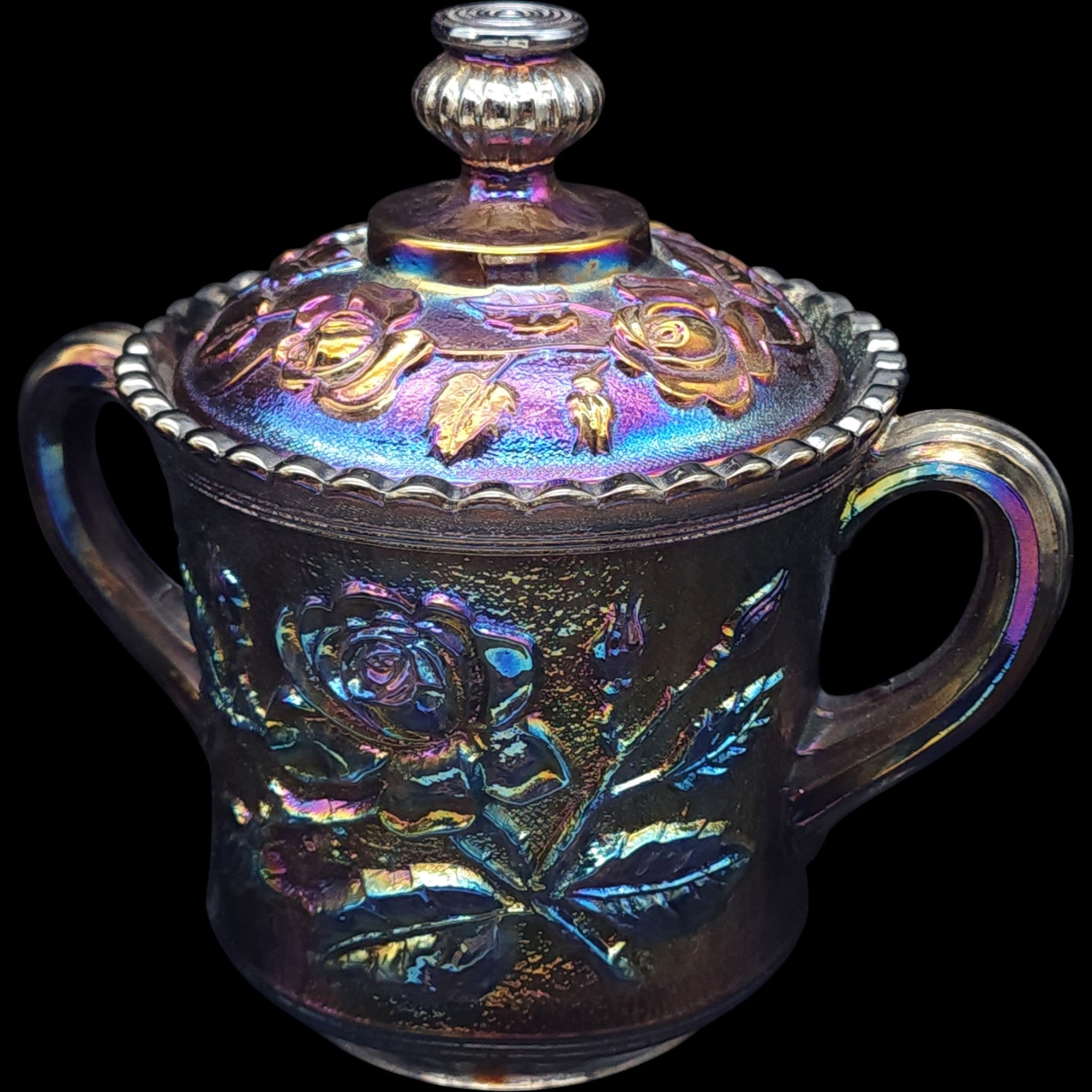Imperial Glass Ohio Iridescent Carnival Glass Creamer and Sugar Set Open Rose