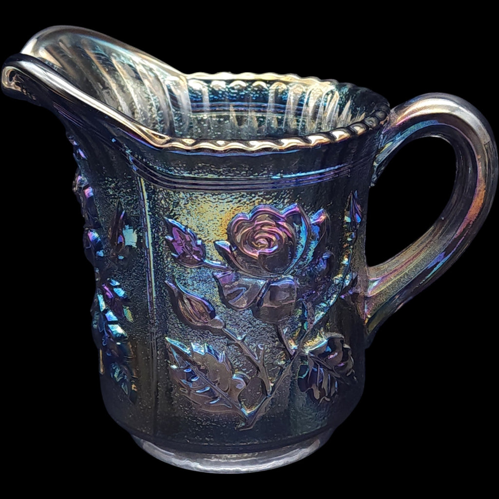 Imperial Glass Ohio Iridescent Carnival Glass Creamer and Sugar Set Open Rose