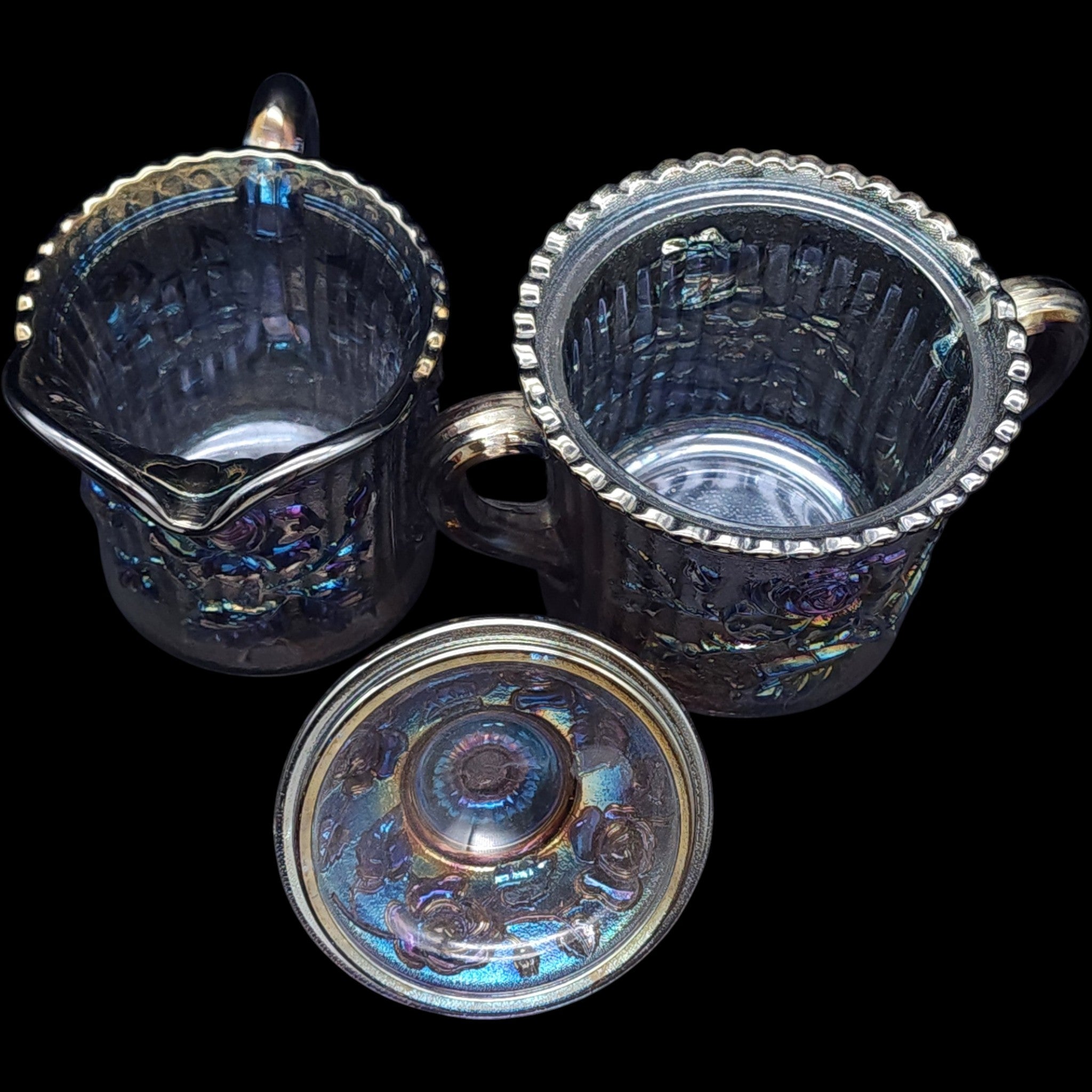 Imperial Glass Ohio Iridescent Carnival Glass Creamer and Sugar Set Open Rose