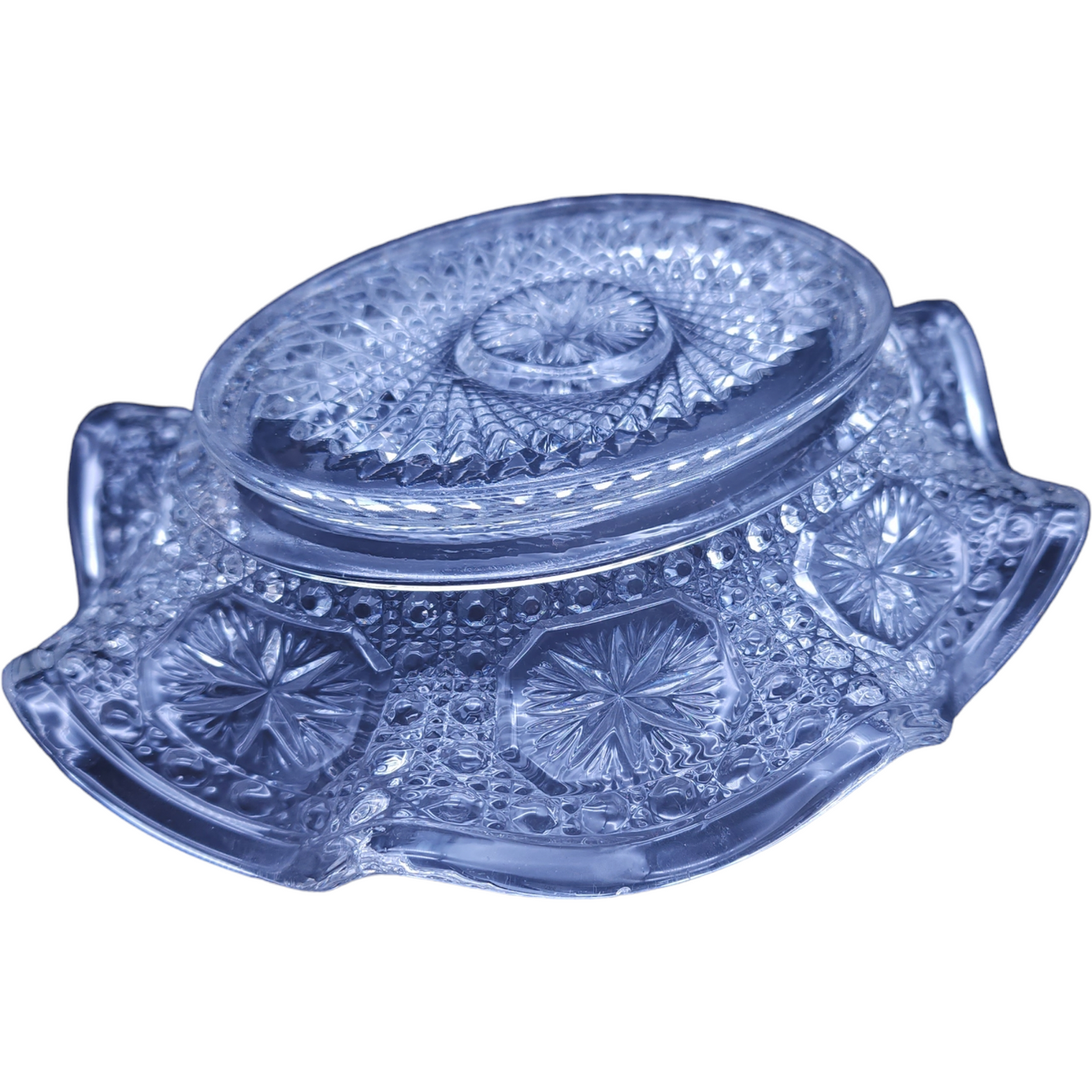 Imperial Glass Ohio Amelia Clear Cane & Star Pressed Glass Ruffled Edge Bowl