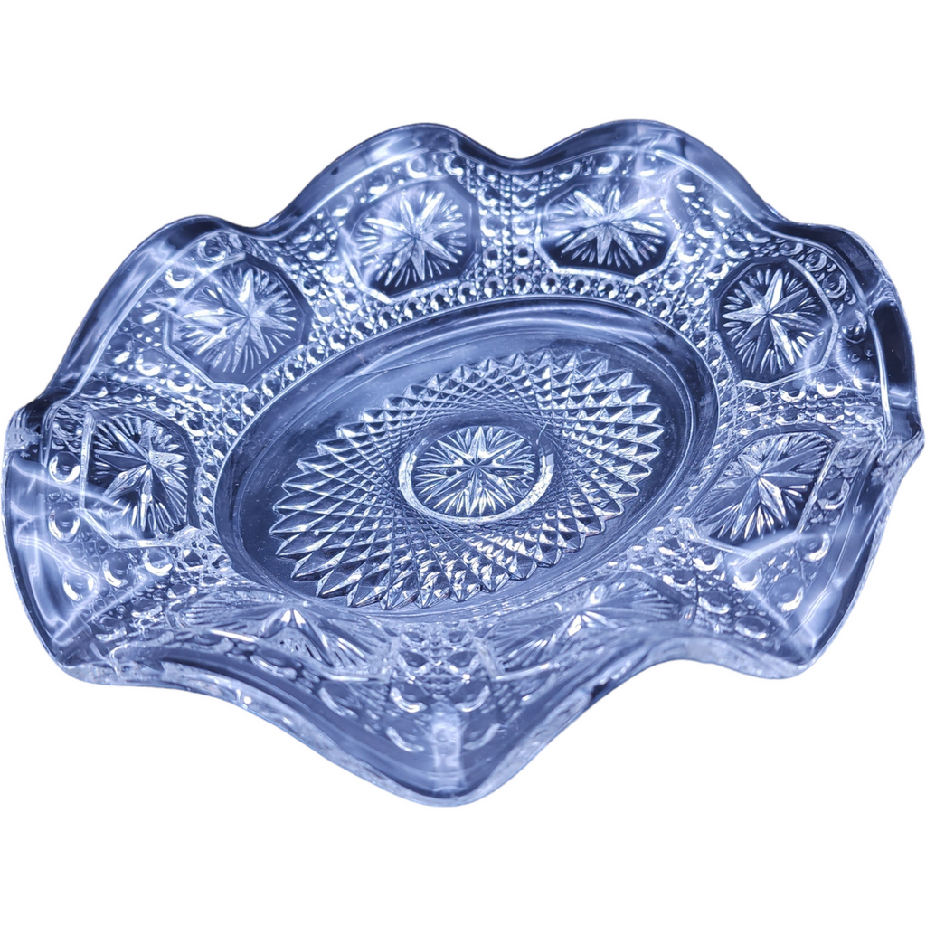 Imperial Glass Ohio Amelia Clear Cane & Star Pressed Glass Ruffled Edge Bowl