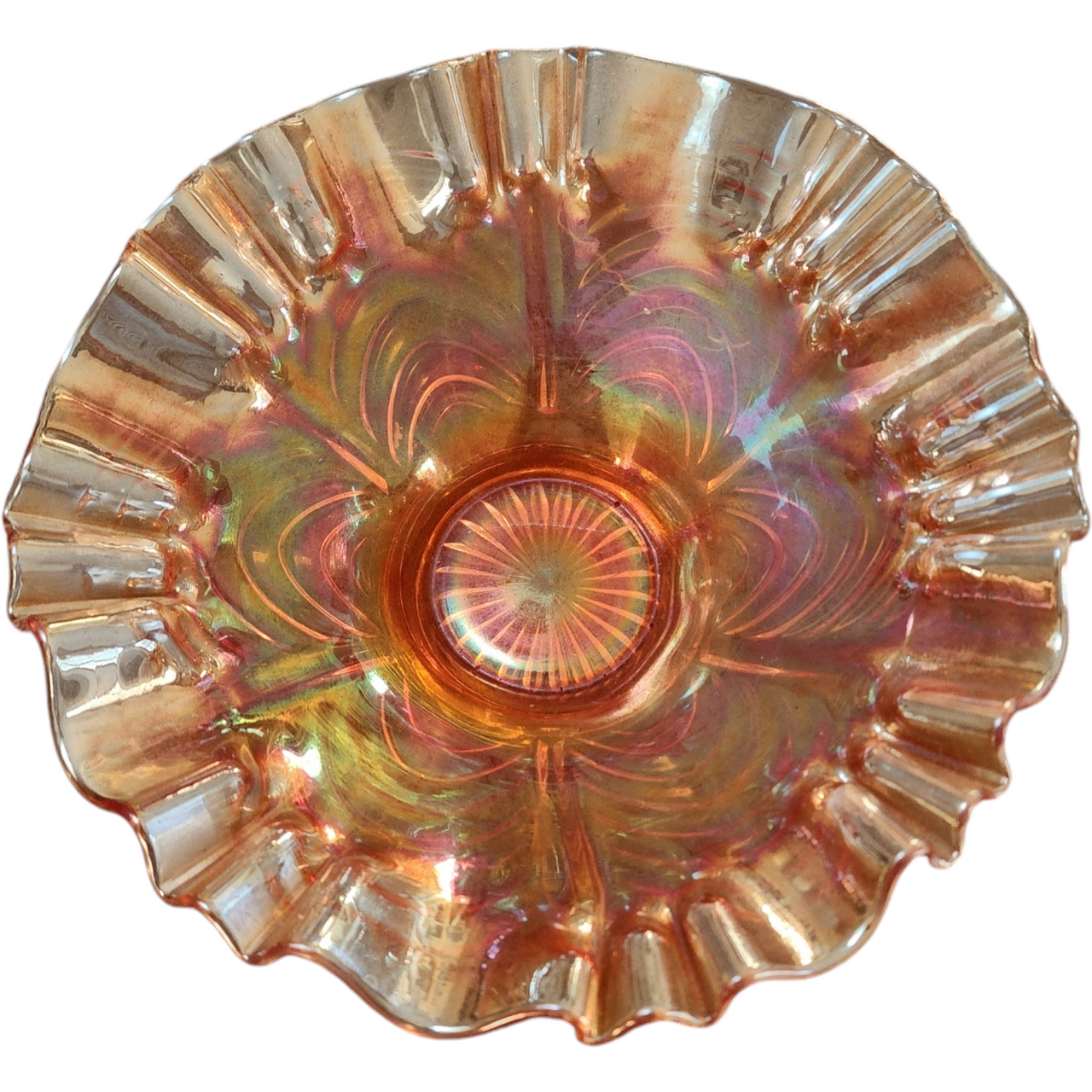Imperial Glass-Ohio Arcs Marigold Swags Panel Carnival Ruffled Bowl
