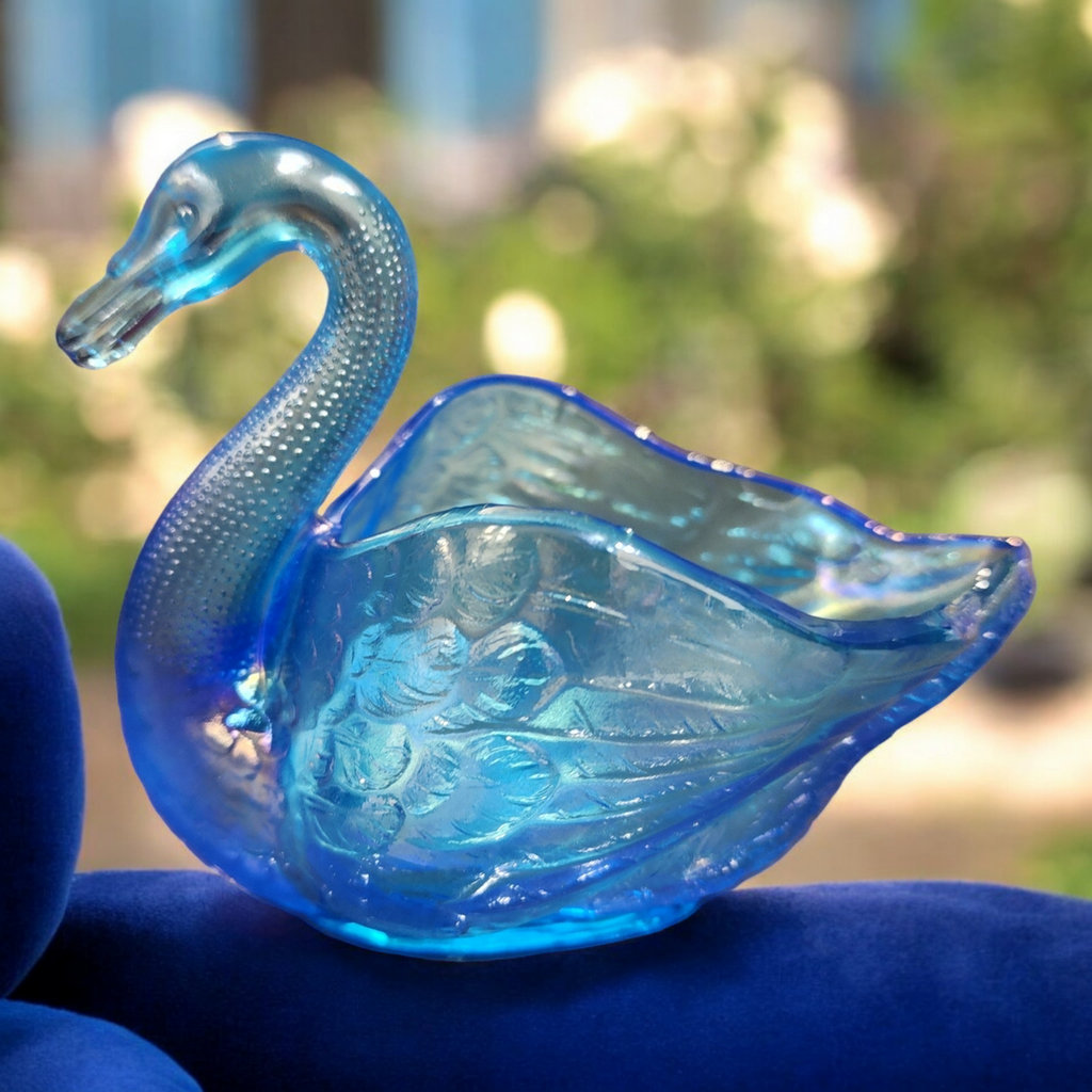 Imperial Glass-Ohio Blue Opalescent Iridescent Open Swan Dish