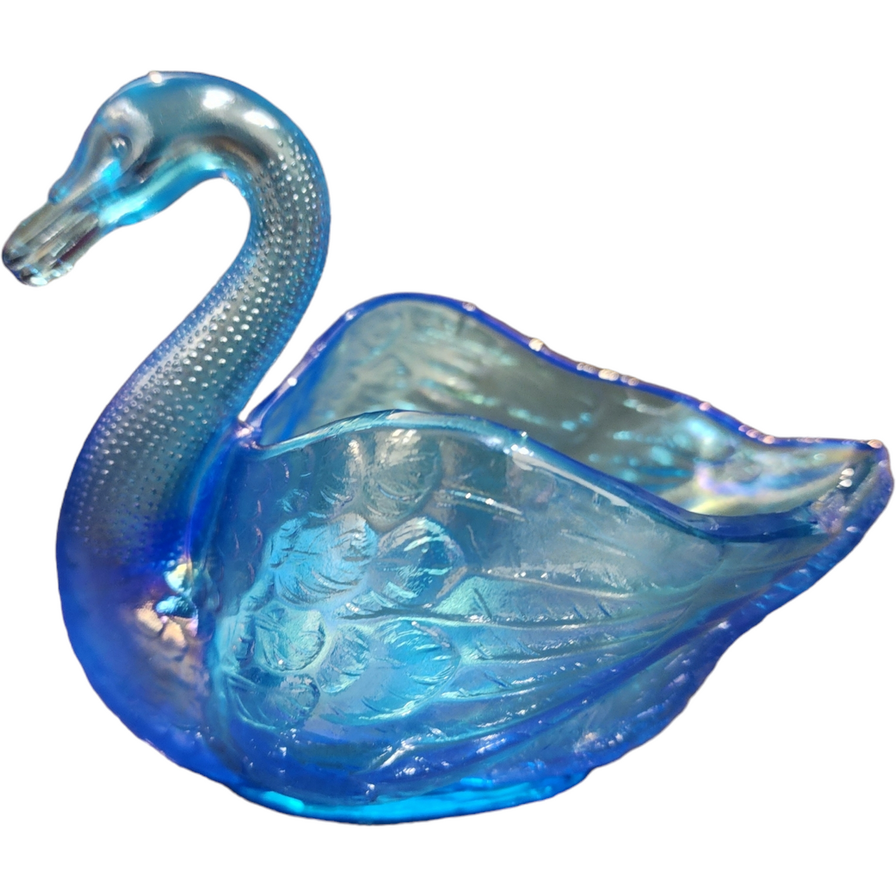 Imperial Glass-Ohio Blue Opalescent Iridescent Open Swan Dish