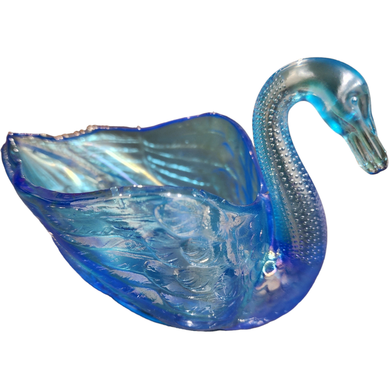Imperial Glass-Ohio Blue Opalescent Iridescent Open Swan Dish