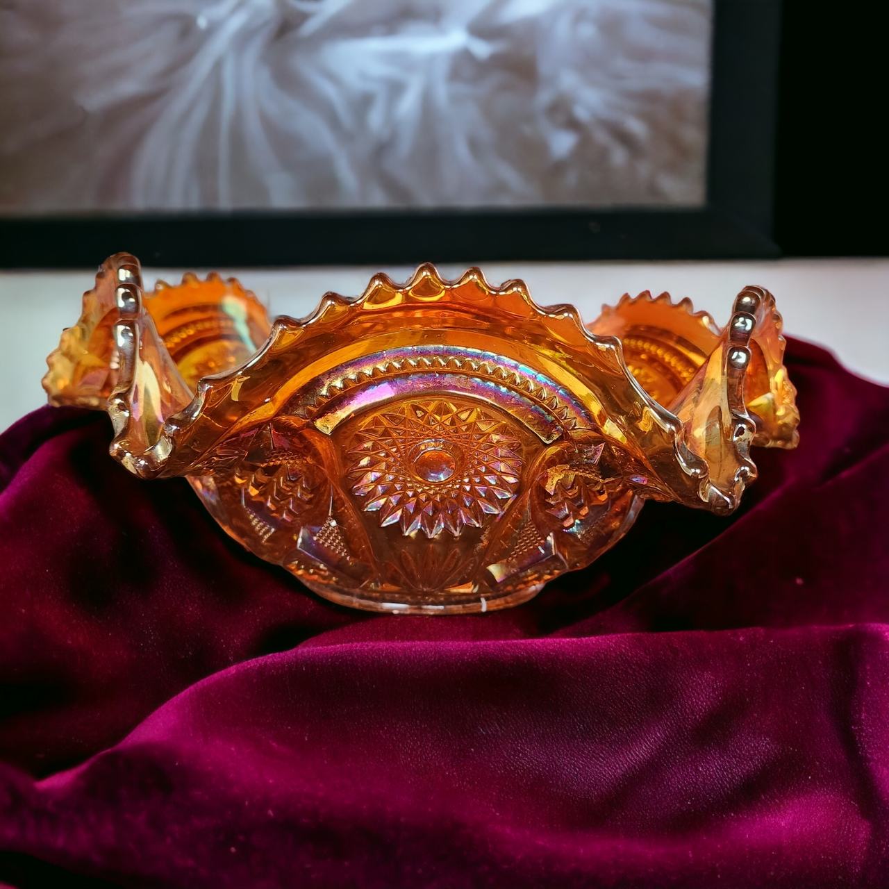 Imperial Glass-Ohio Fashion Marigold Carnival Ruffled Punch Bowl