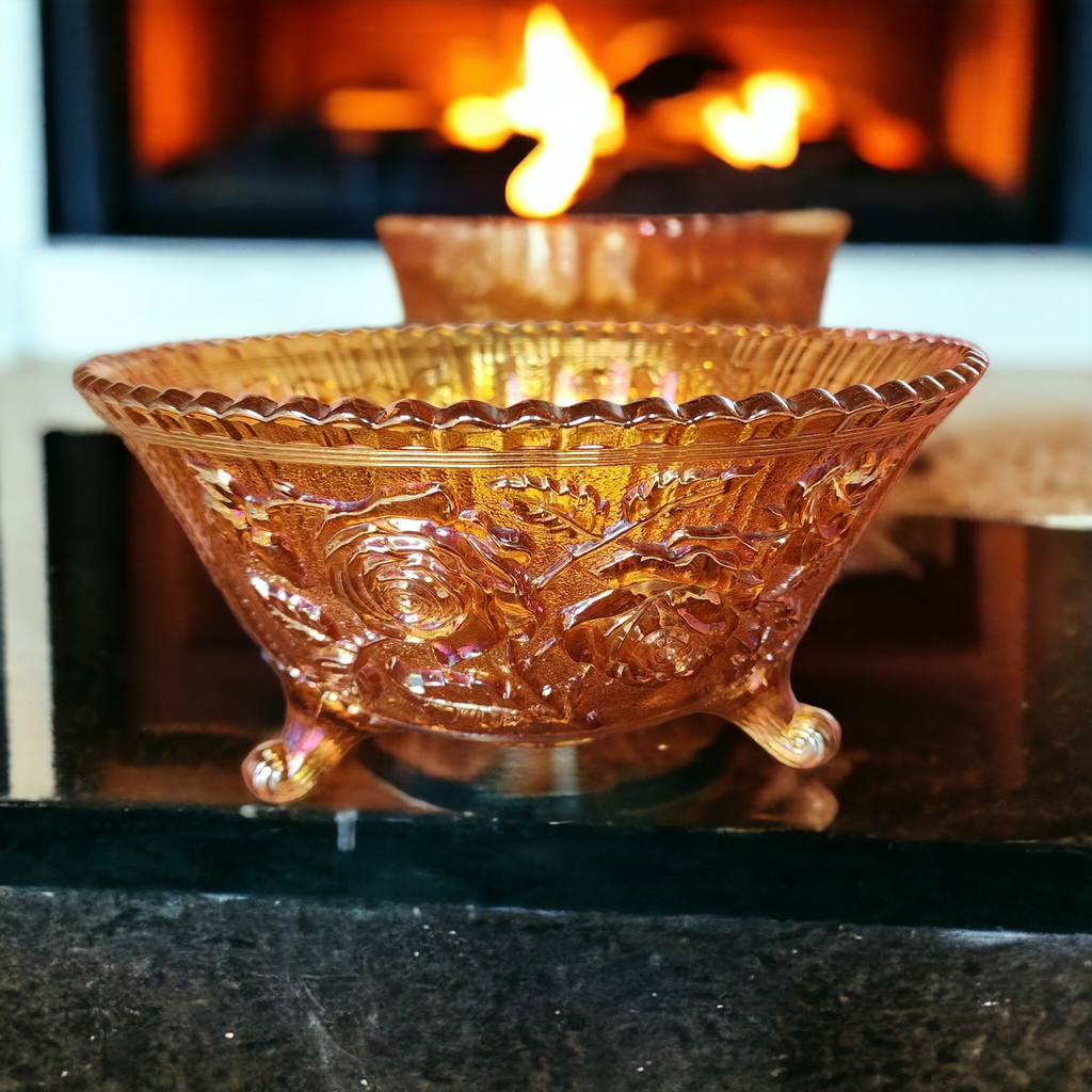 Imperial Glass-Ohio Lustre Rose Marigold Carnival Rubigold Large 3 Footed Fruit Bowl