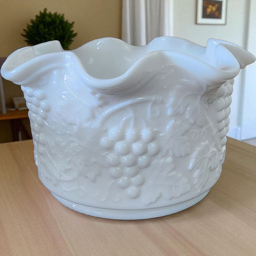 Imperial Glass-Ohio Milk Glass 5" Round Crimped Bowl Grapevine & Leaf Pattern, Vintage