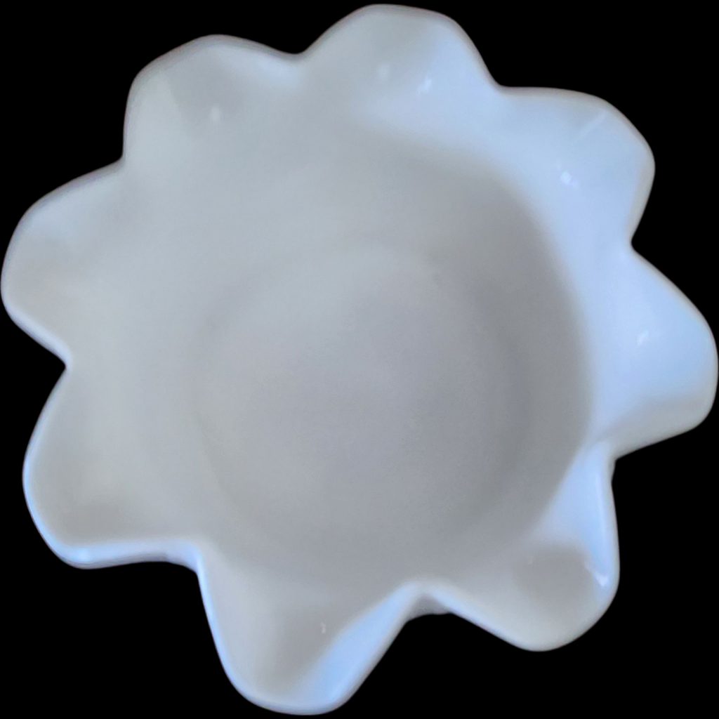Imperial Glass-Ohio Milk Glass 5" Round Crimped Bowl Grapevine & Leaf Pattern, Vintage